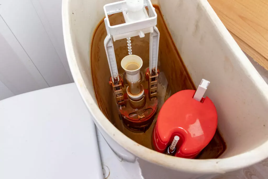 an image of an open toilet tank with murky and stained water