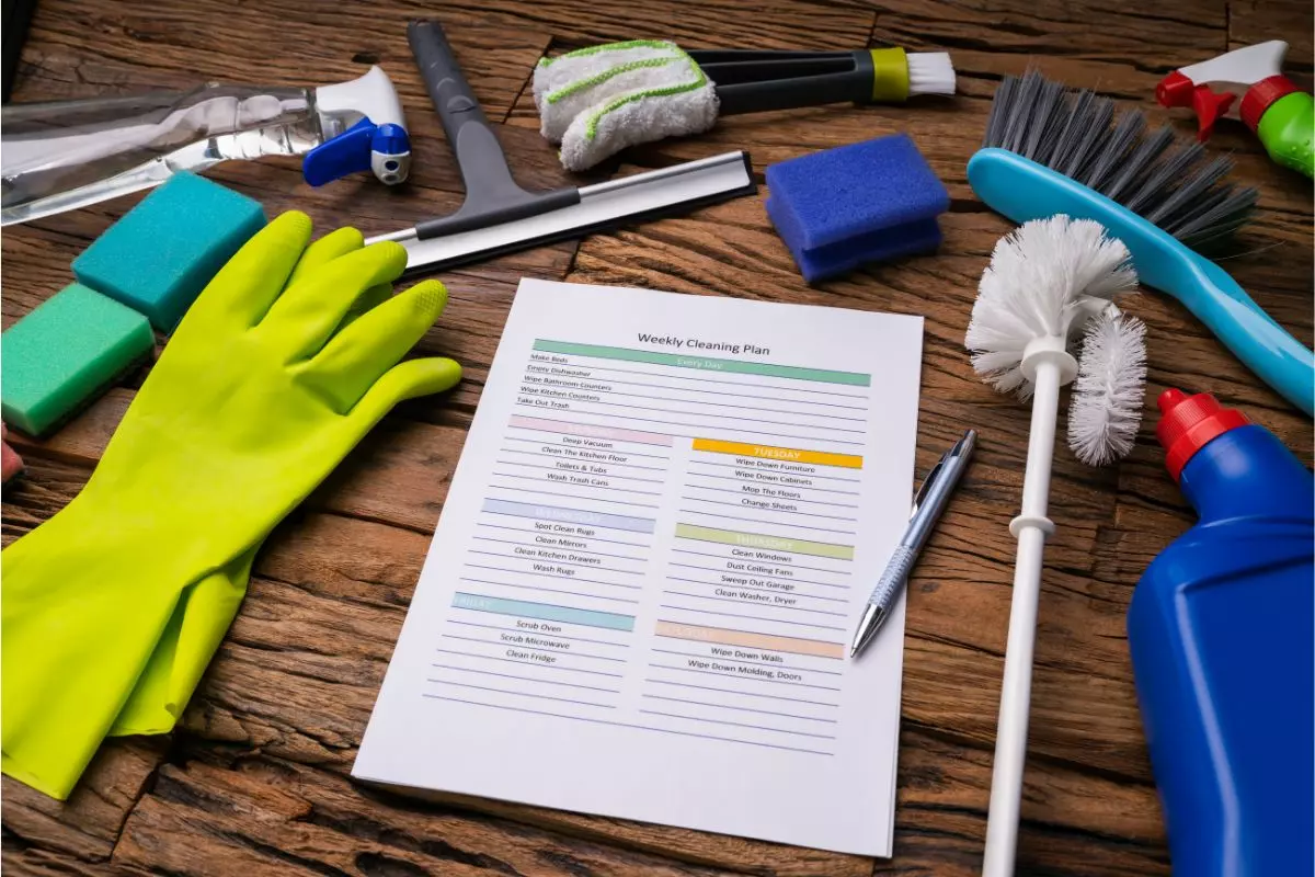 Cleaning supplies arranged neatly on a table, ready to enhance the efficiency of your cleaning services.