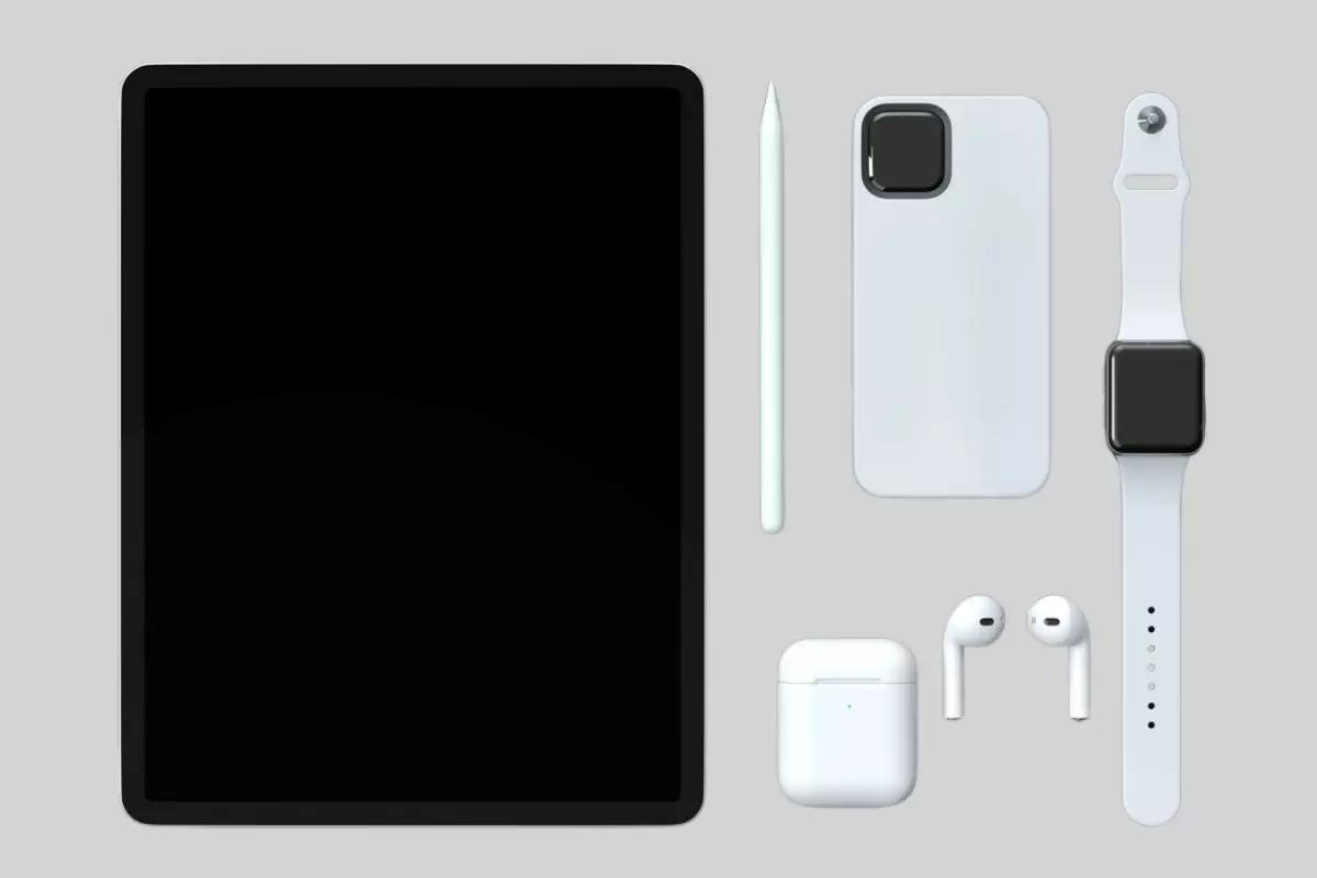 A tablet, stylus, smartphone, smartwatch, wireless earphones, and a charging case are arranged on a light gray background, showcasing a sleek ensemble of essential devices for seamless tech services.