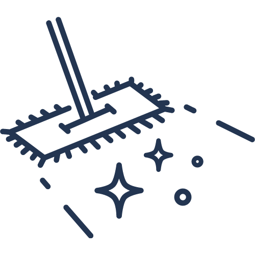 Illustration of a mop engaged in floor maintenance, cleaning a surface with three sparkles indicating cleanliness.