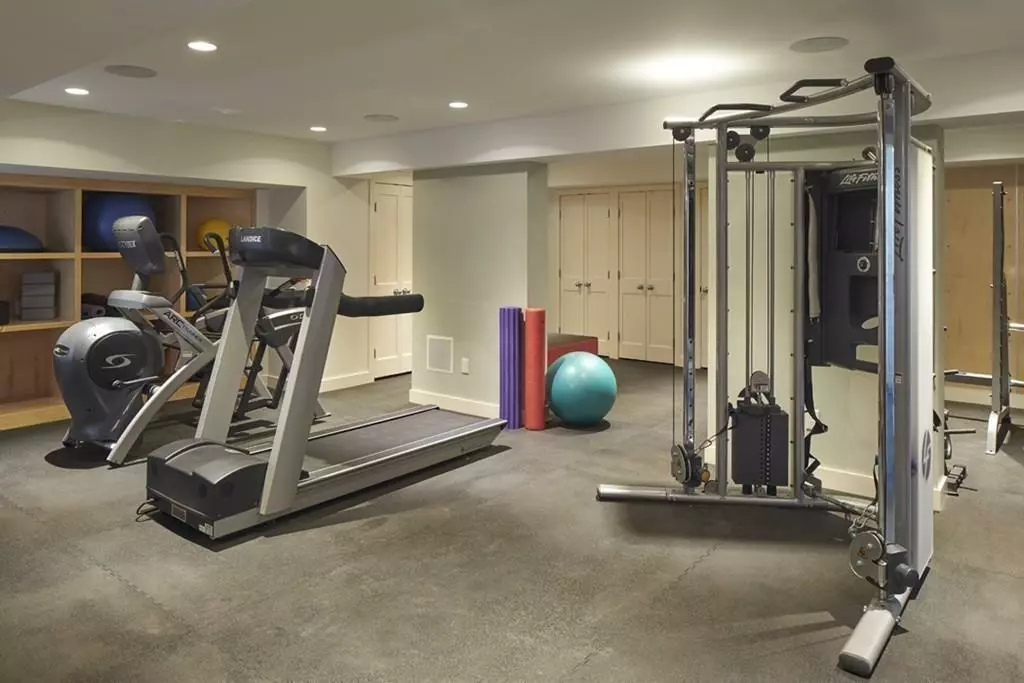 A home gym featuring a gallery of fitness equipment, including a treadmill, elliptical machine, weight machine, exercise ball, and various fitness mats.