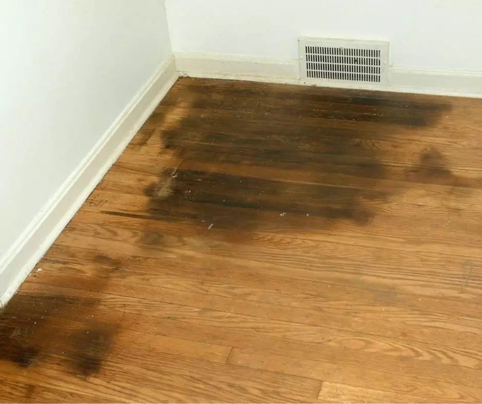 Wooden floor with dark stains near the corner of a room, adjacent to a white wall and air vent—highlighting the need for diligent floor maintenance.