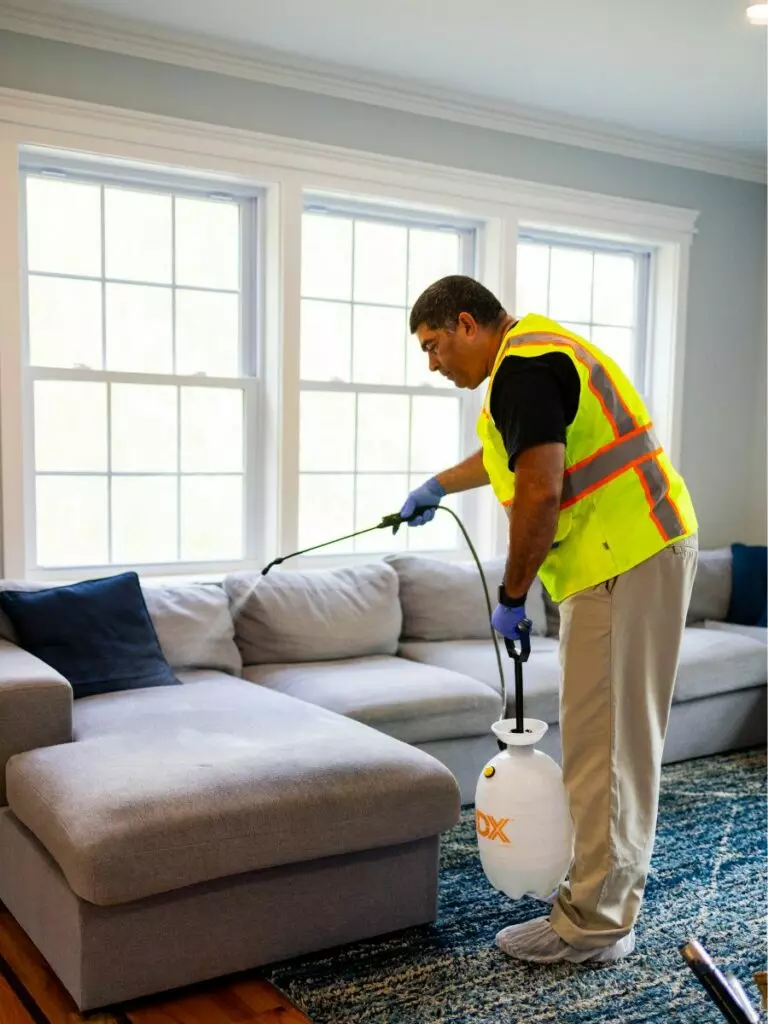 A person in a yellow safety vest is spraying a gray sectional couch in a living room with a cleaning solution from a canister, showcasing expert Interior Cleaning as part of comprehensive Maintenance Services.