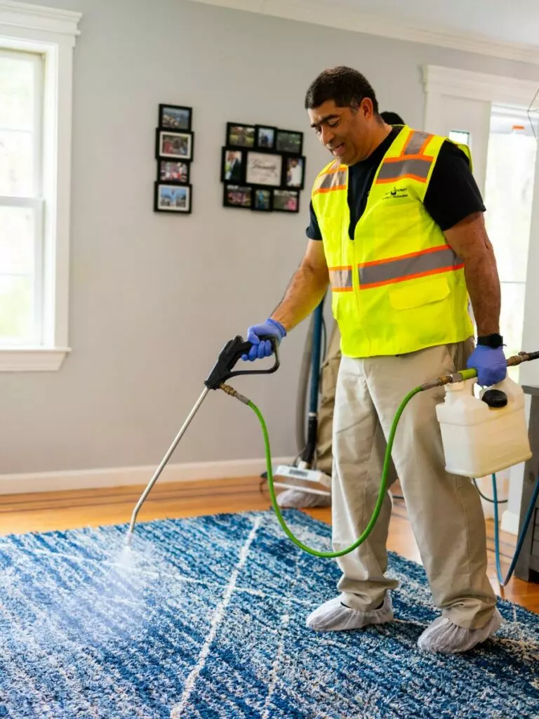 A man in a safety vest, gloves, and boot covers uses a spraying device on a blue and white rug in a well-lit room, showcasing meticulous interior maintenance.