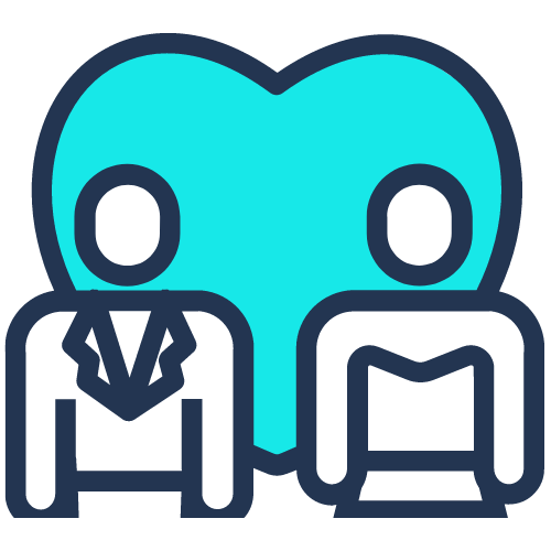 Icon depicting two people in formal attire standing in front of a heart shape, symbolizing the perfect partnership akin to a dedicated cleaning service.