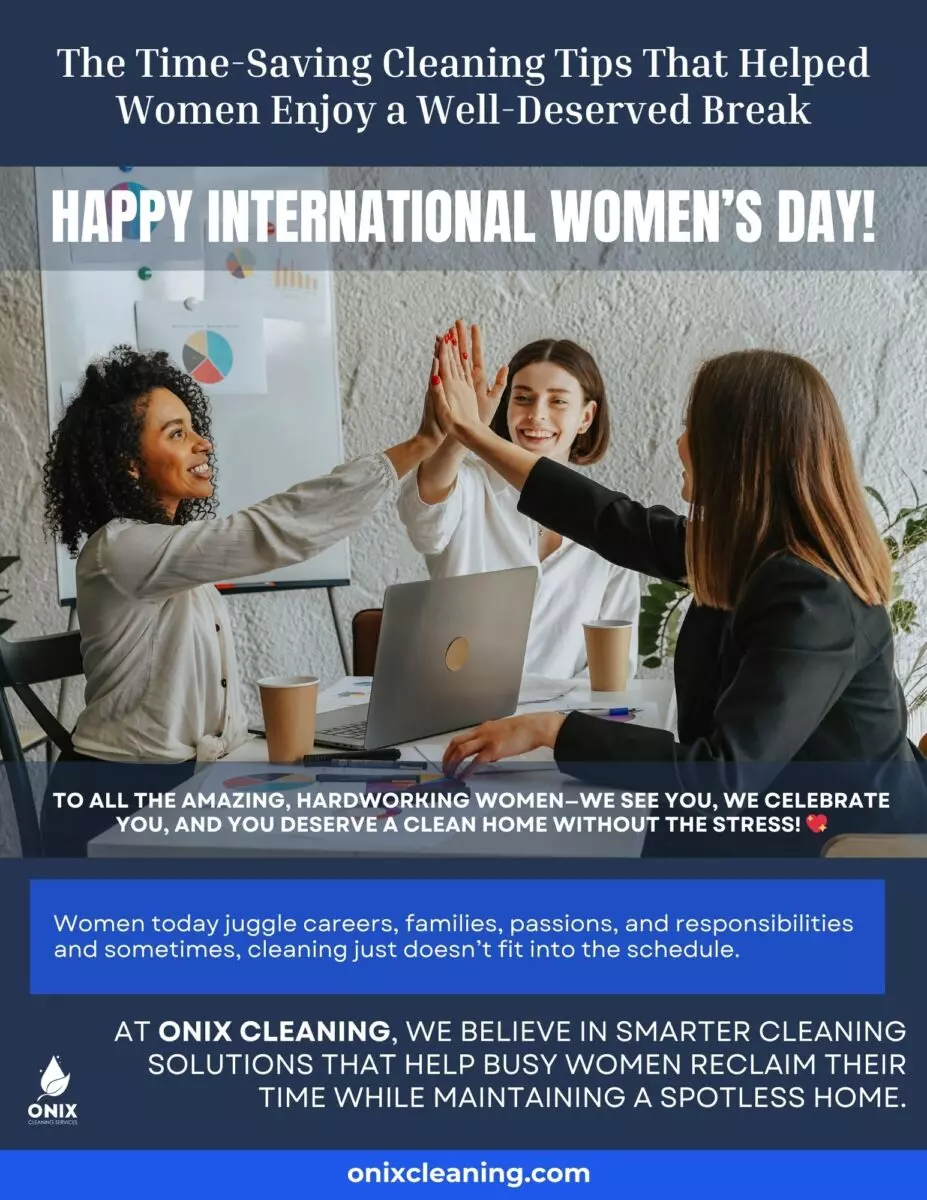 A group meeting in an office, celebrating International Women's Day with a banner and a nod to DIY Cleaning ideas that empower everyone.