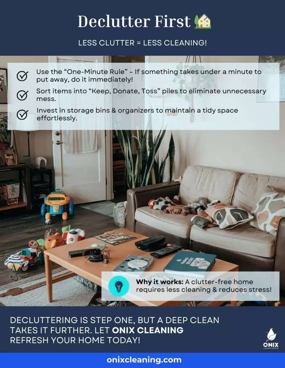 A living room filled with plush toys and scattered items. Discover text tips on decluttering, emphasizing sorting, organizing, and efficient cleaning. Consider a touch of DIY Cleaning or the Onix Maid Service promotion at the bottom for an immaculate finish.