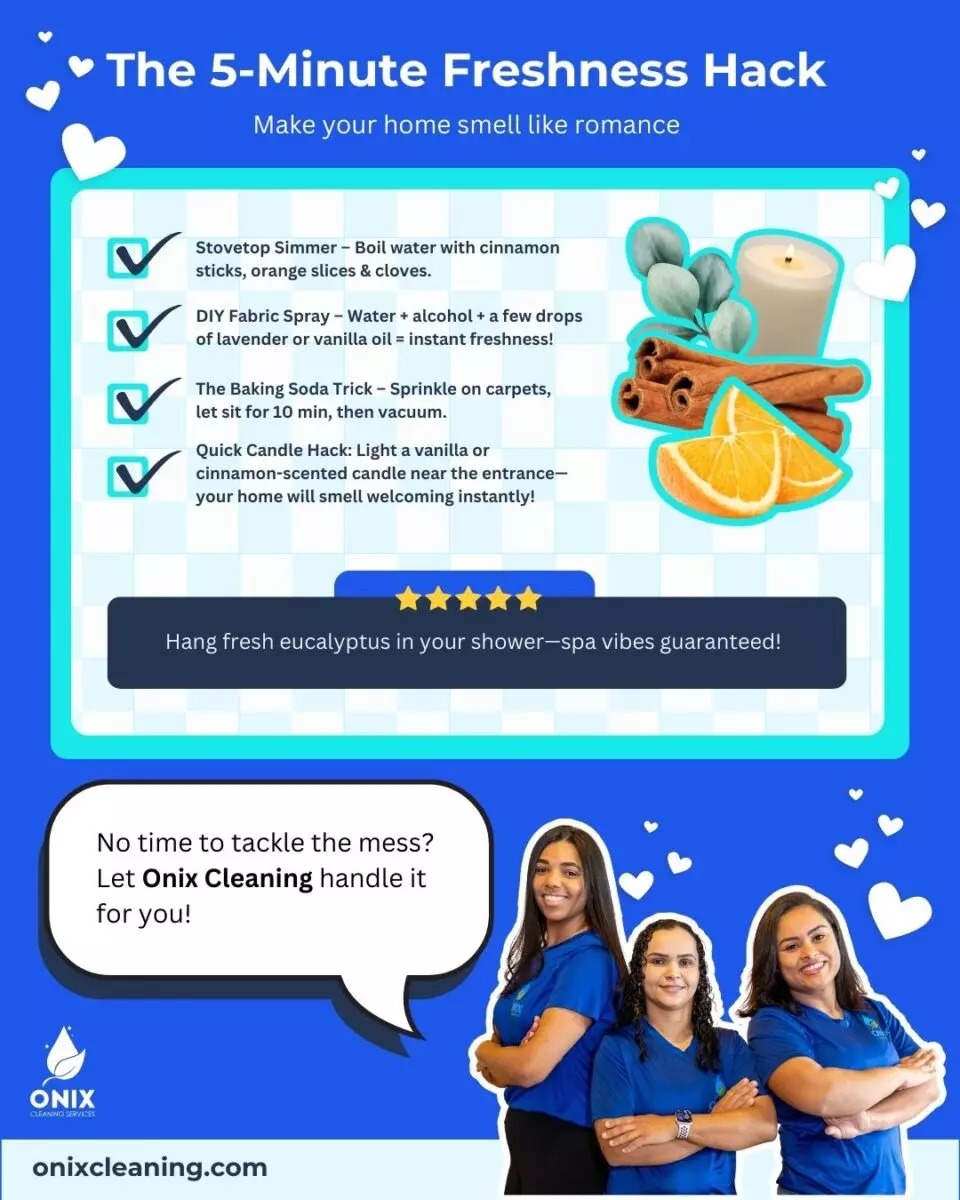 Promotional flyer for Onix Cleaning featuring Valentine's Day Cleaning tips and home freshness ideas, complete with an illustration of our cleaning team and top-tier products.