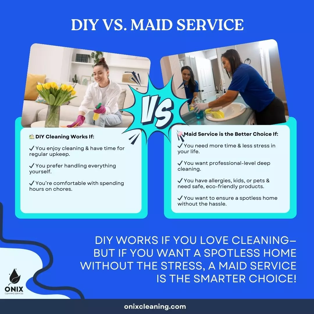 Comparison of DIY cleaning vs. maid service with pros and cons listed. Includes images of a woman cleaning and a maid cleaning a room. Conclusion: Maid service is ideal for a spotless home.