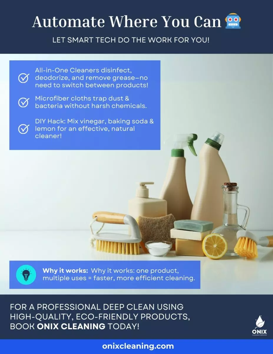 A cleaning product display features bottles, lemons, and sponges. Text highlights the all-in-one cleaner benefits and a DIY cleaning hack using vinegar, baking soda, and lemon. Onix Cleaning is promoted as your go-to for effective maid service solutions.
