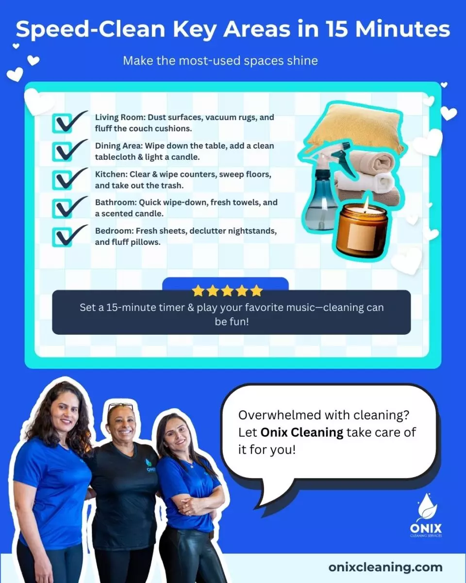 Infographic for quick Valentine's Day cleaning tips: living room, dining area, kitchen, bathroom, bedroom. Features a cleaning service with a romantic touch and a contact call-to-action.