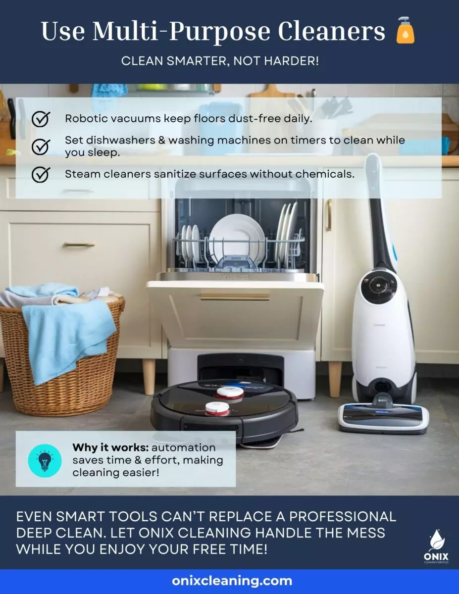 Promotional poster for multi-purpose cleaners featuring a robotic vacuum and steam cleaner showcasing automation benefits, deep cleaning services, and DIY cleaning efficiency.