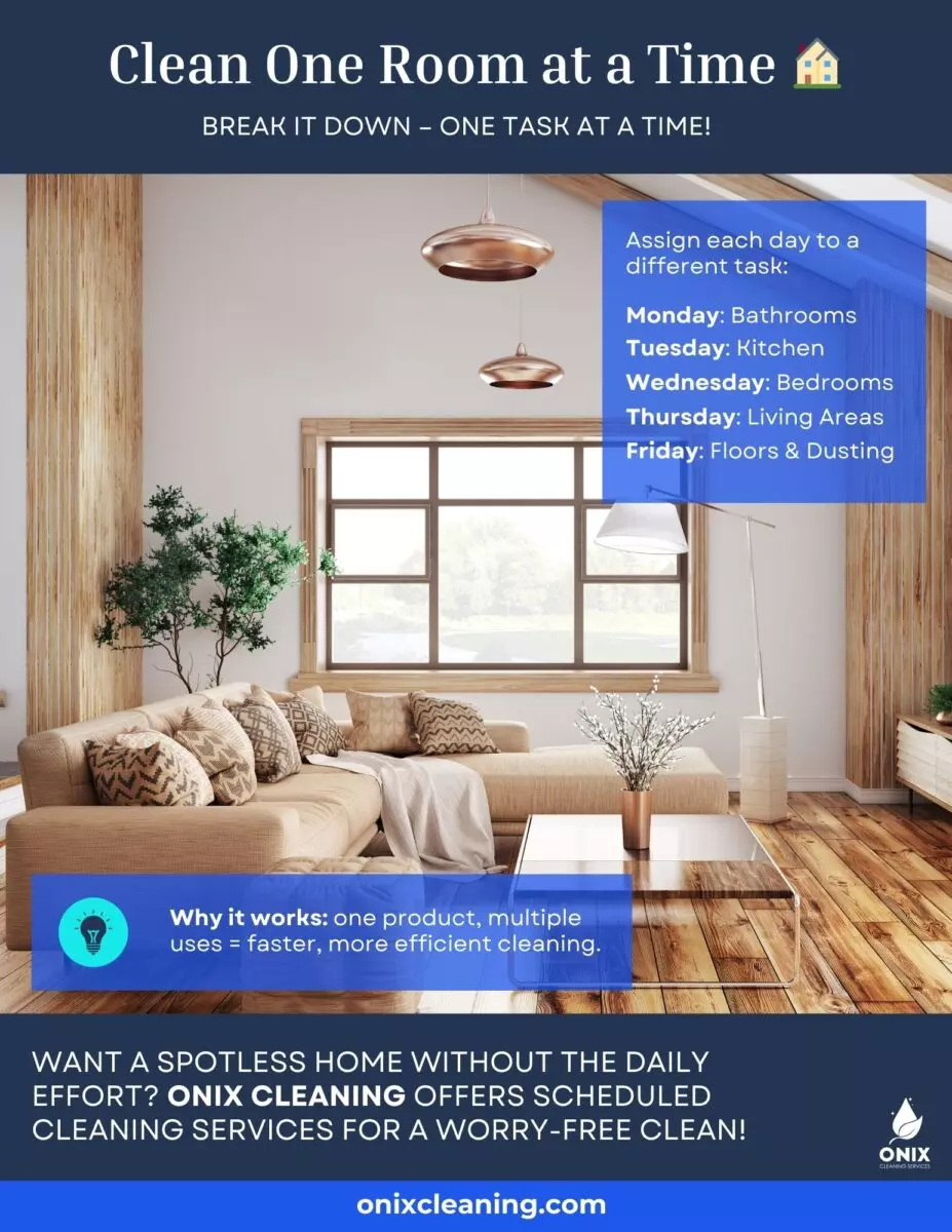 Living room with beige sofa, plants, and a large window. The text outlines a cleaning schedule by room and introduces Onix Cleaning services for effortless home maintenance or consider DIY cleaning tips for a personal touch.