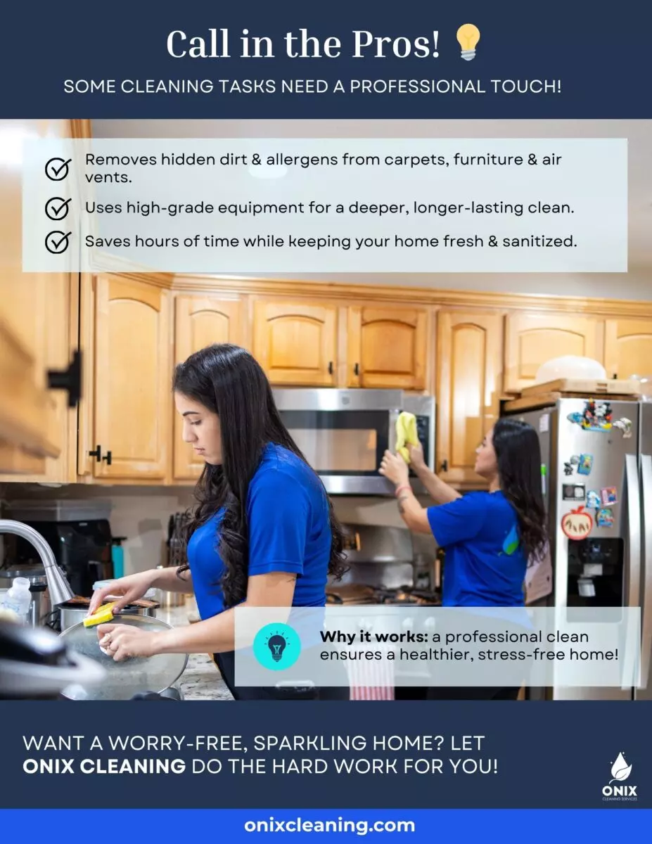 Two women cleaning a kitchen with a focus on counters and sink. The text highlights the benefits of professional maid service for allergen reduction, efficient equipment use, and significant time-saving compared to DIY cleaning.