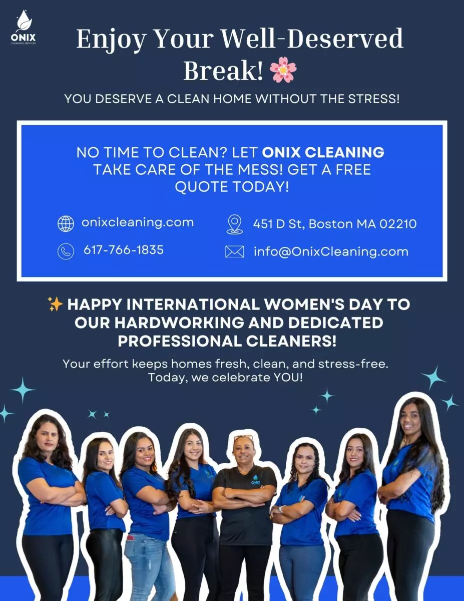 A group of cleaners in blue shirts stands with crossed arms, proudly representing Onix Cleaning Services. As we celebrate International Women's Day, discover how our professional maid service can transform your space with precision and care.