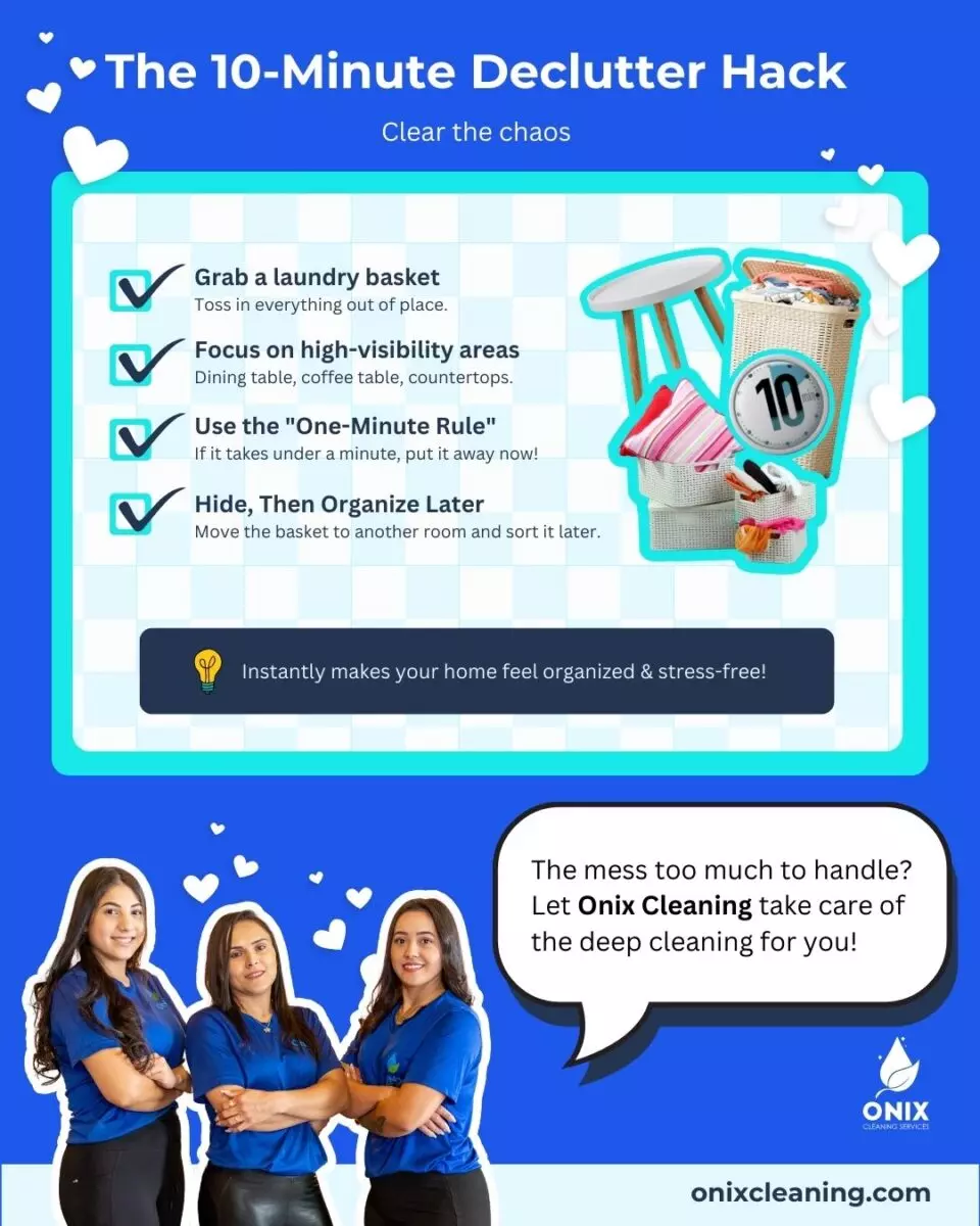 Promotional graphic for Onix Cleaning featuring Valentine's Day cleaning and decluttering tips, with four team members standing proudly with crossed arms.