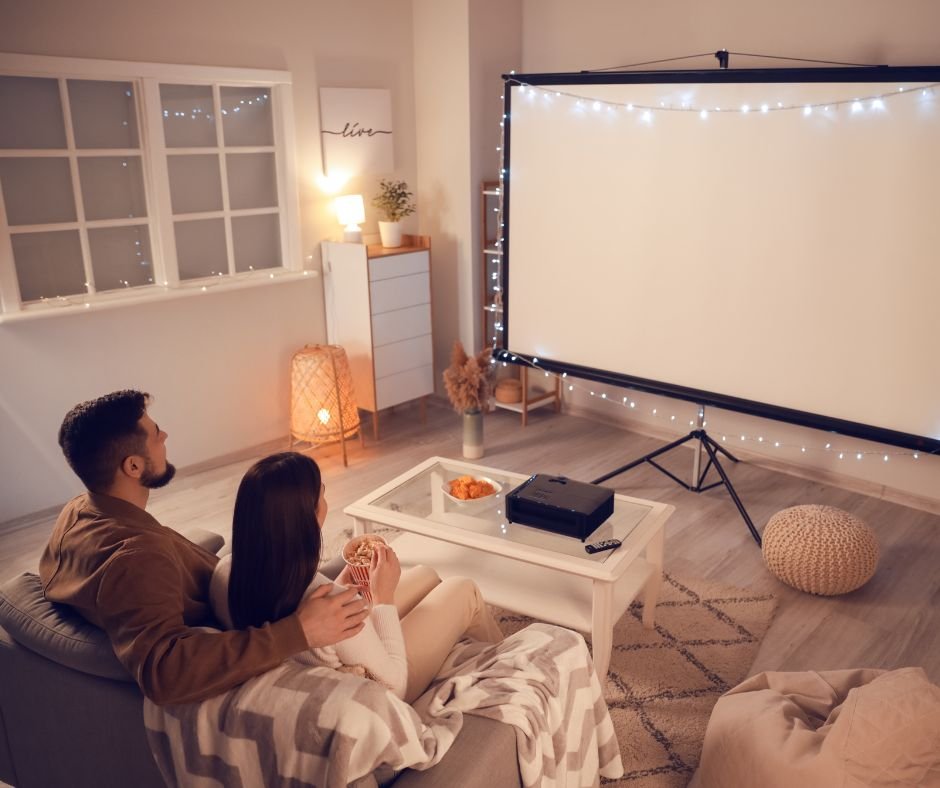 On Valentine's Day, a couple snuggles under a blanket in a cozy room, enjoying a movie projected onto the screen, their hearts as warmed as the inviting space around them. Valentine's Day Cleaning Guide