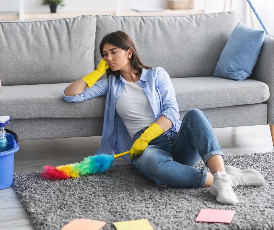 Woman sitting on the floor, leaning against a gray sofa, holding a rainbow duster. She's wearing yellow gloves and appears tired. Cleaning supplies are nearby. Maid service or DIY cleaning