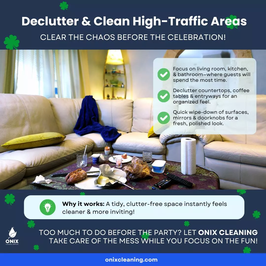 Promotional image for Onix Cleaning, offering decluttering and cleaning services to get your home St. Patrick's Day ready. Highlights benefits like tidiness and an inviting atmosphere, with festive decorations expertly portrayed.
