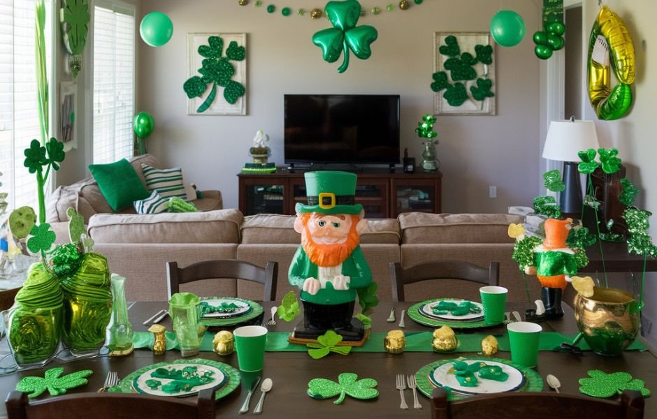 Get your home St. Patrick's Day ready with festive decorations like shamrock-themed ornaments, leprechaun figures, and green accents that perfectly adorn the living room and dining table.