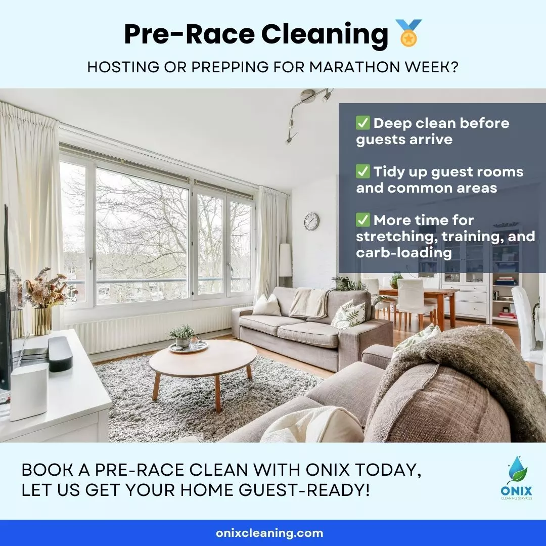 Bright, modern living room with clean furniture and large windows. Text promotes Boston Marathon Week Cleaning services from Onix Cleaning to help you prepare your home for marathon festivities.