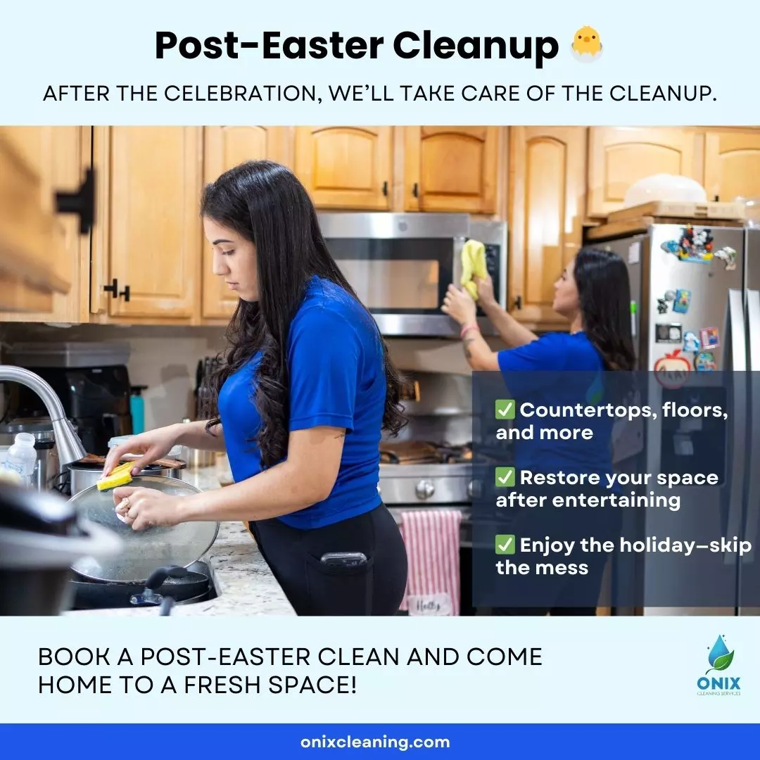 Two women in blue shirts clean a kitchen, wiping a countertop and oven. Text promotes Boston Marathon Week Cleaning services and highlights benefits like restored spaces and a mess-free holiday.