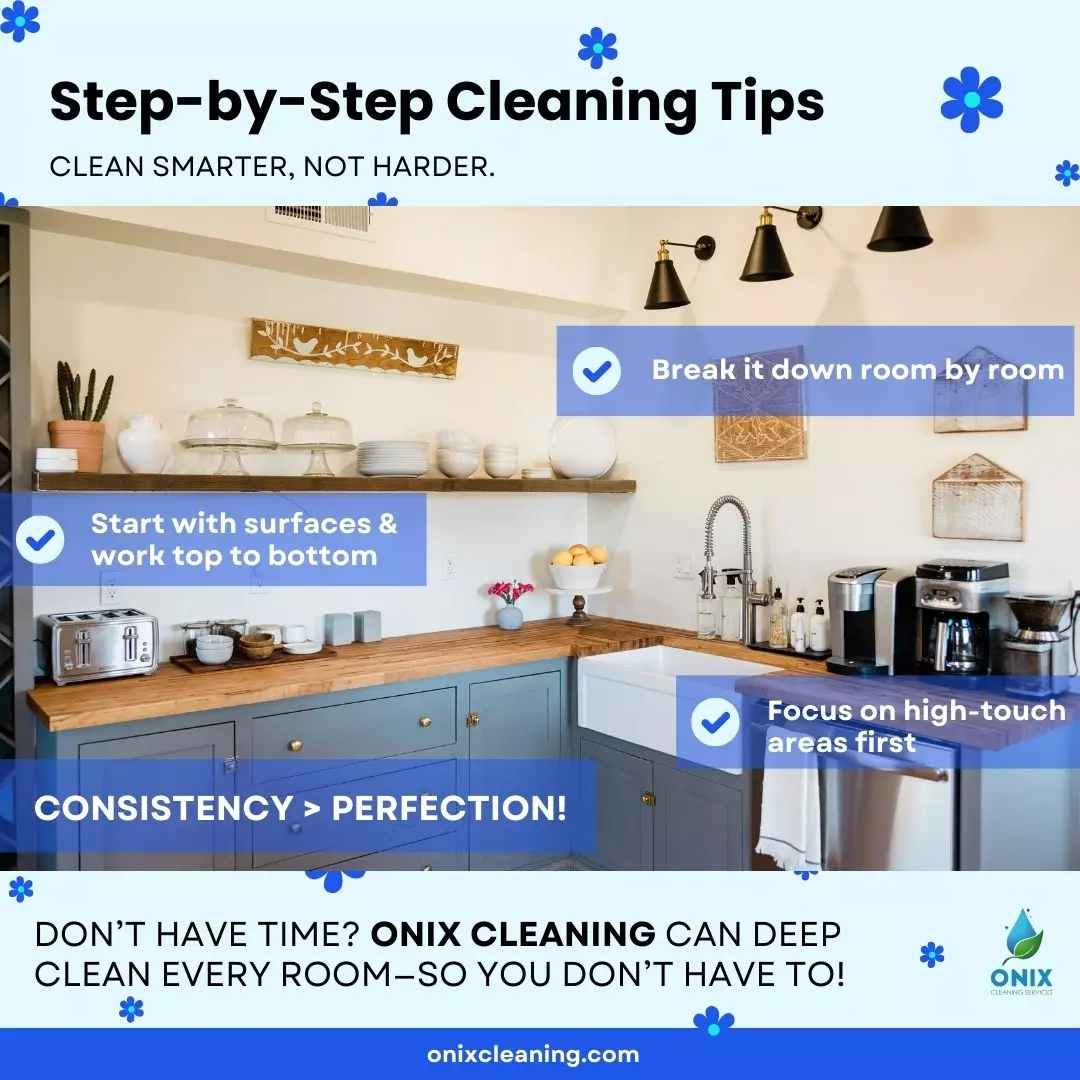 Infographic with cleaning tips from the Boston Spring Cleaning Guide: clean room by room, top to bottom, and focus on high-touch areas. Text emphasizes "consistency > perfection." Includes Onix Cleaning contact info.