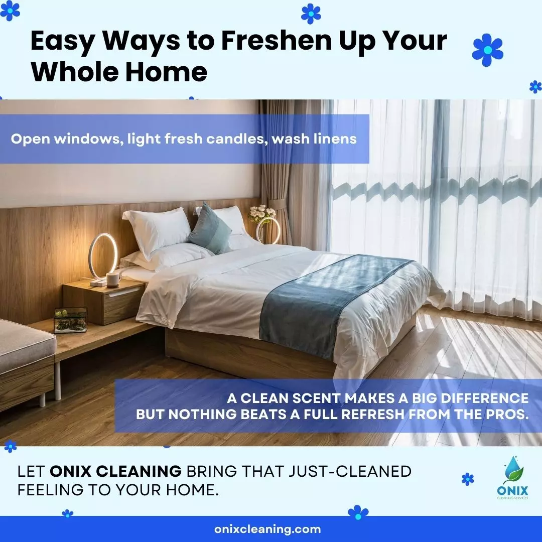 Bedroom with open windows, light candle, and fresh linens. For that just-cleaned feeling, explore our Boston Spring Cleaning Guide by Onix Cleaning services and discover freshening tips tailored for your sanctuary.