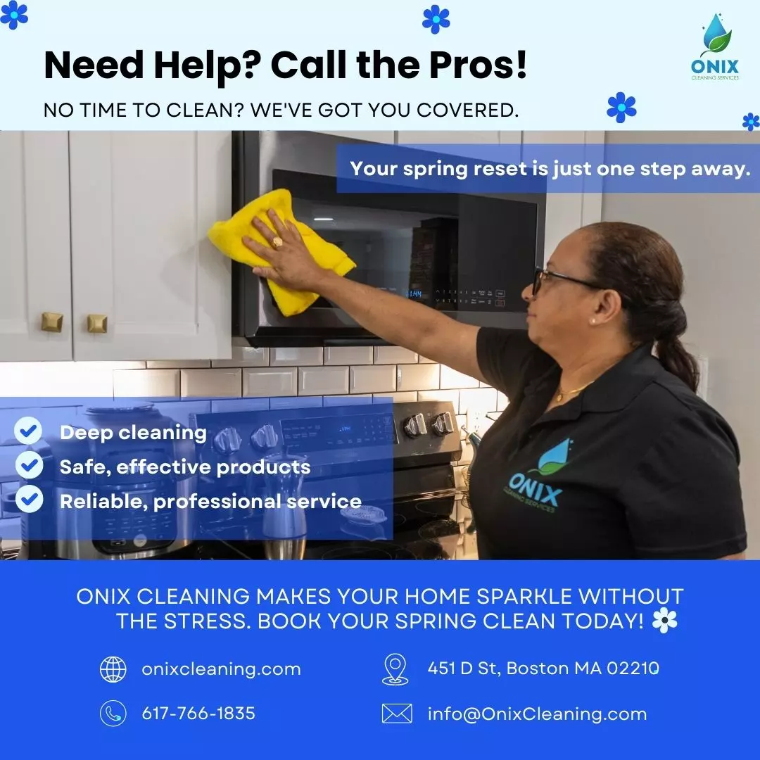 A person cleaning a microwave with a yellow cloth. The text promotes Onix Cleaning services, emphasizing their expertise with the Boston Spring Cleaning Guide, safe products, and professional service. Contact details are provided for those seeking top-notch cleanliness.