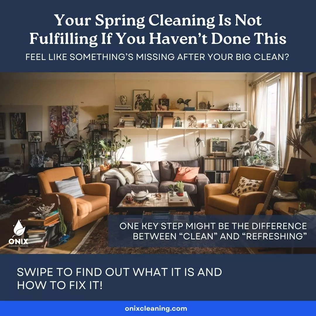 A tidy, stylish living room with sunlight streaming in, featuring sofas, plants, bookshelves, and artwork—perfect for declutter inspiration and spring cleaning tips from Onix Cleaning.