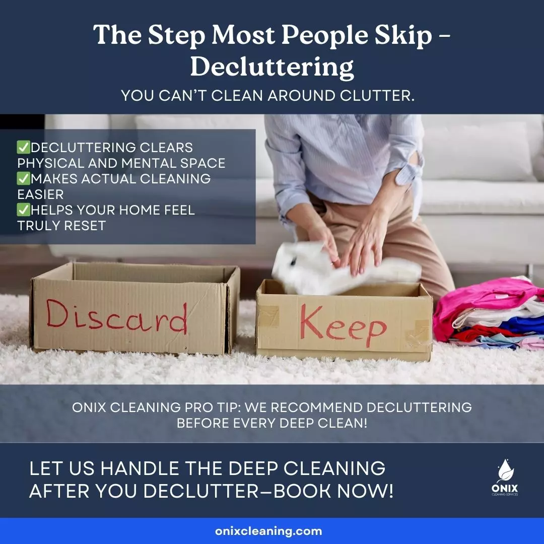 A person sorts clothes into "Discard" and "Keep" boxes, with a parent’s guide list highlighting the benefits of decluttering before deep cleaning—perfect for spring cleaning with kids.