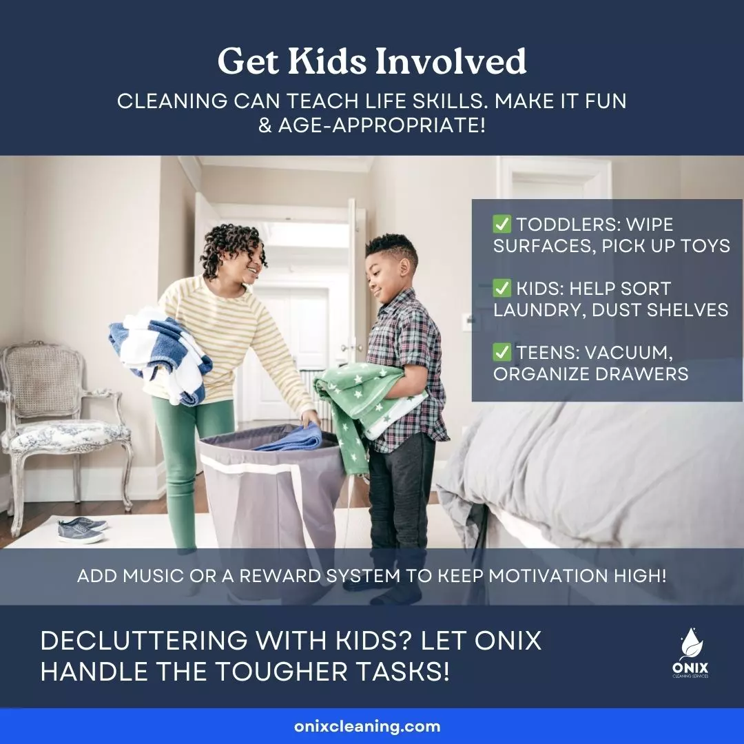 A woman and a boy sort laundry together; text offers a parent's guide to spring cleaning with kids by age and promotes Onix Cleaning services for expert declutter support.
