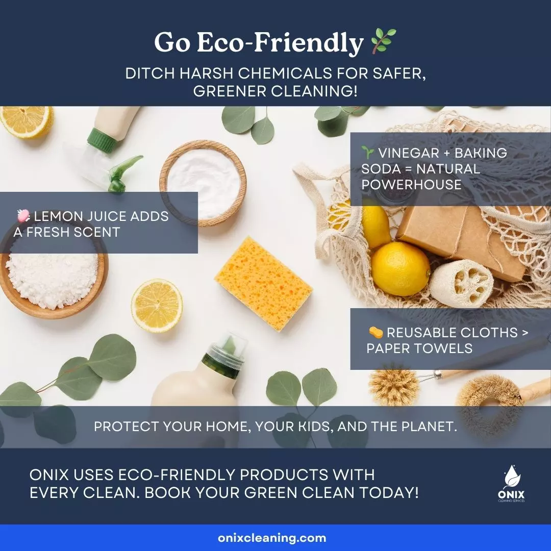 Flat lay of eco-friendly cleaning products including lemon, vinegar, baking soda, reusable cloths, and soap on a white background with green leaves and cleaning tips—perfect for a parent's guide to spring cleaning with kids and learning how to declutter.