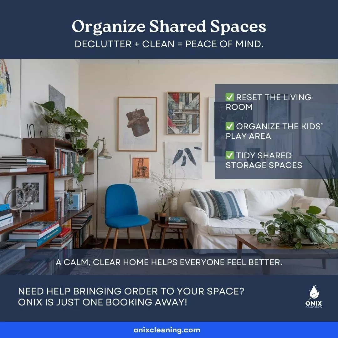 A neatly organized living room with a blue chair, white couch, plants, and wall art; text highlights tips to declutter and offers a parent’s guide for spring cleaning with kids, promoting an expert cleaning service.