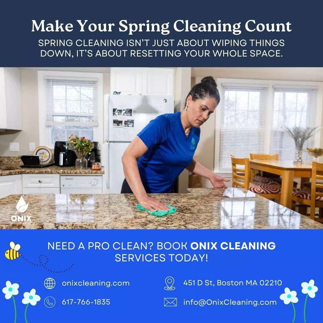 A professional cleaner declutters and wipes a kitchen counter in a bright, tidy home. Onix Cleaning service details and contact information are displayed below.