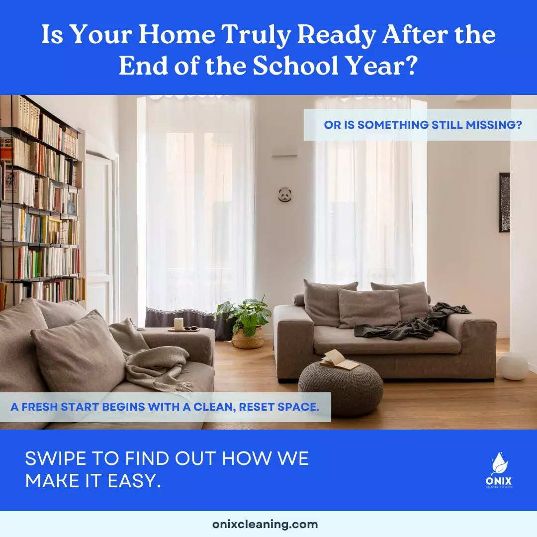 A bright living room with two sofas, a stack of books, and a large window—perfect for showcasing End-of-School-Year Cleaning services, ensuring your home is fresh and ready for the summer ahead.