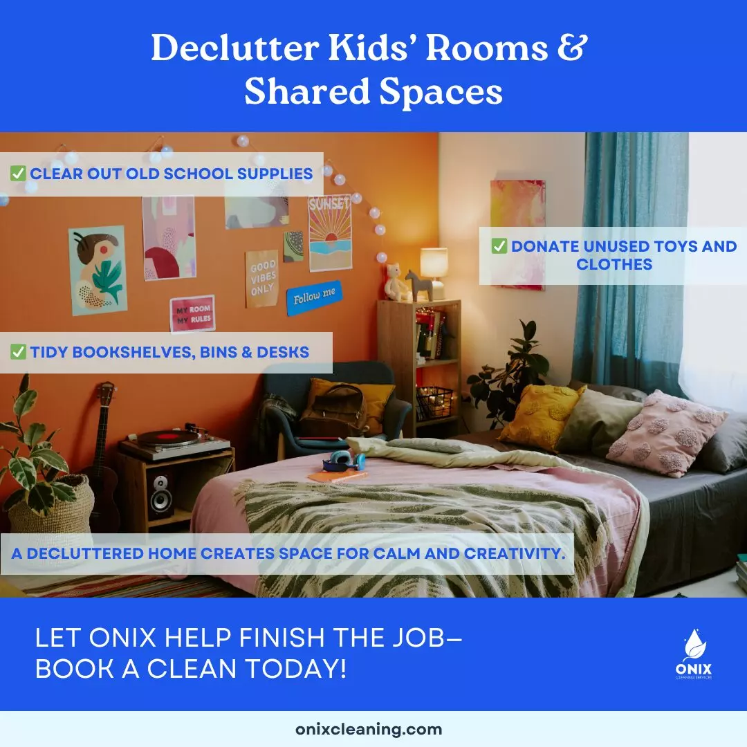 A tidy, colorful kids’ room with organized shelves, beds, books, and bins; tips for decluttering and End-of-School-Year Cleaning, plus advice on booking a cleaning service are highlighted in text.