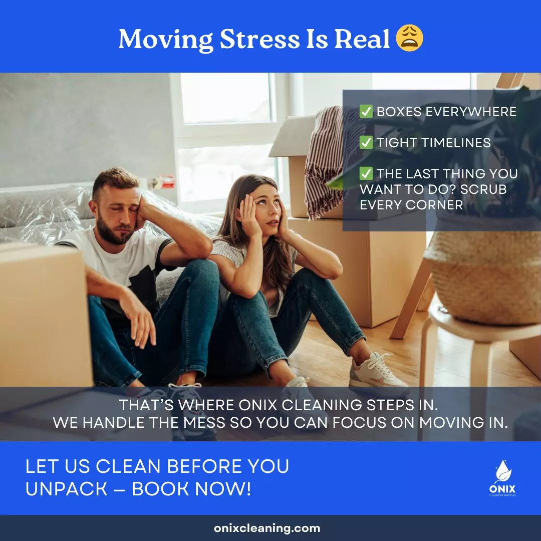 A man and woman sit on the floor looking stressed among moving boxes; text describes moving stress and offers Move-In Cleaning Boston services from Onix Cleaning, perfect for renters and homeowners.