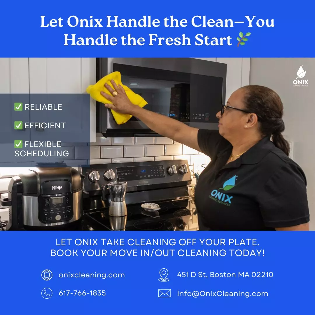 A woman in an Onix Cleaning polo wipes a kitchen cabinet above a stove and appliances. Text highlights Cleaning for Renters, move-in or move-out cleaning services in Boston, and contact information for Onix Cleaning.